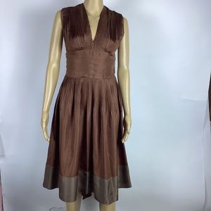 BCBG Maxazria  Brown Sleeveless Pleated Silk Midi Dress Size 2